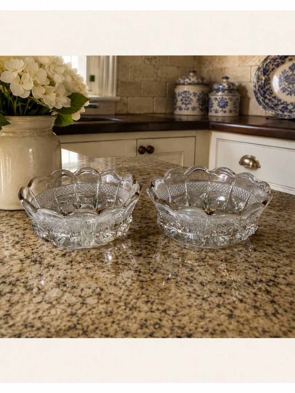Vintage Pressed Glass Berry Bowls Pair Gold Trim Scalloped Dishes Cottagecore De